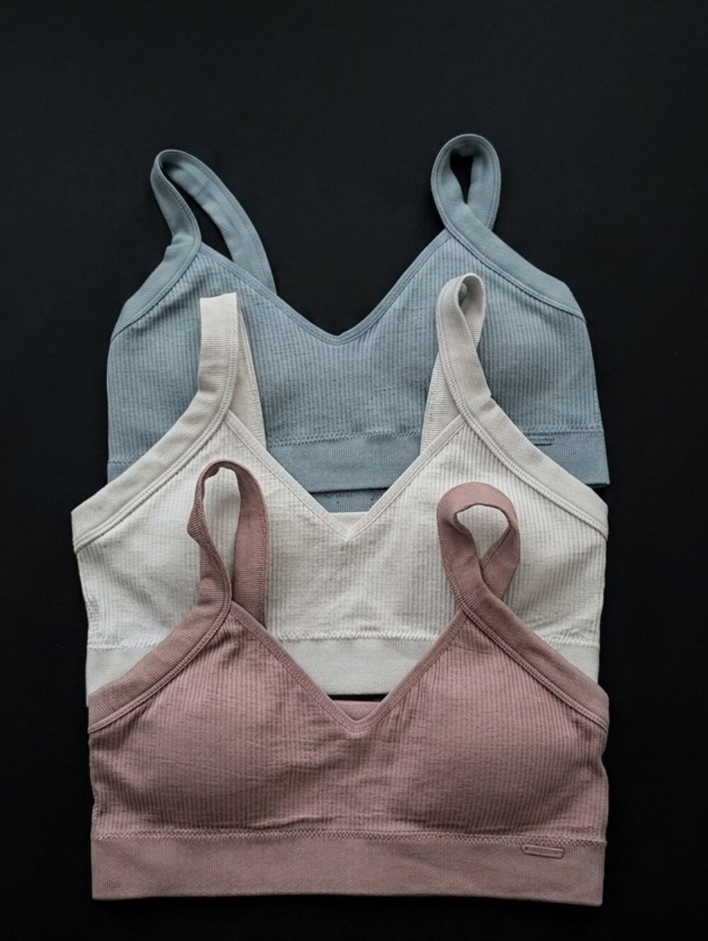 Danskin Ribbed Wireless Bralette Trio - Blue, White/Cream, Mauve